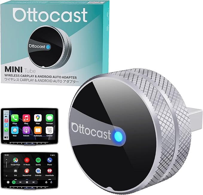OTTOCAST Mini Tube Wireless CarPlay Android Auto Adapter 2026, Cut The Cord, Zero Lag 5GHz WiFi, Plug & Play for Factory Wired Apple CarPlay