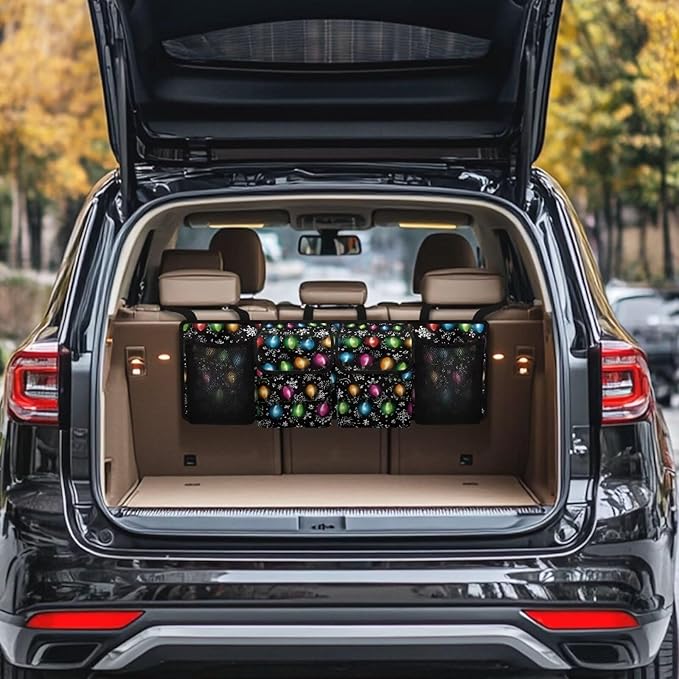Christmas Colorful Lights Trunk Organizer,Capacity Car SUV Organizer with Elastic Net, Hanging Car Storage Bag with Lids, Space Saving Expert