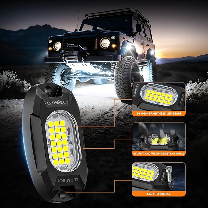 Rock Lights,LEDMIRCY R6 LED Pure White Rock Lights 20PCS with Rocker Switch Wire Harness Kit Super Brigh Luces para Carro for Trucks Off Road ATV SUV High Power Light Waterproof Shockproof