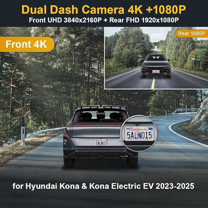 Fitcamx Front 4K+Rear 1080P Dash Cam Adapts for Hyundai Kona 2023 2024 2025 & Kona Electric (Part No#BE010), Integrated OEM Look, Dual Loop Recording, WiFi & APP, G-Sensor, Easy to Use, 128GB Card