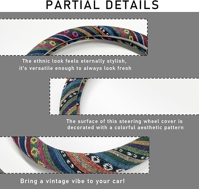 Boho Steering Wheel Cover, 15.0"×15.0" Anti-Slip Baja Blanket Ethnic Steering Wheel Protector, Breathable Flax Cloth Elastic Bohemian Steering Wheel Cover, Car Accessories (Style A)