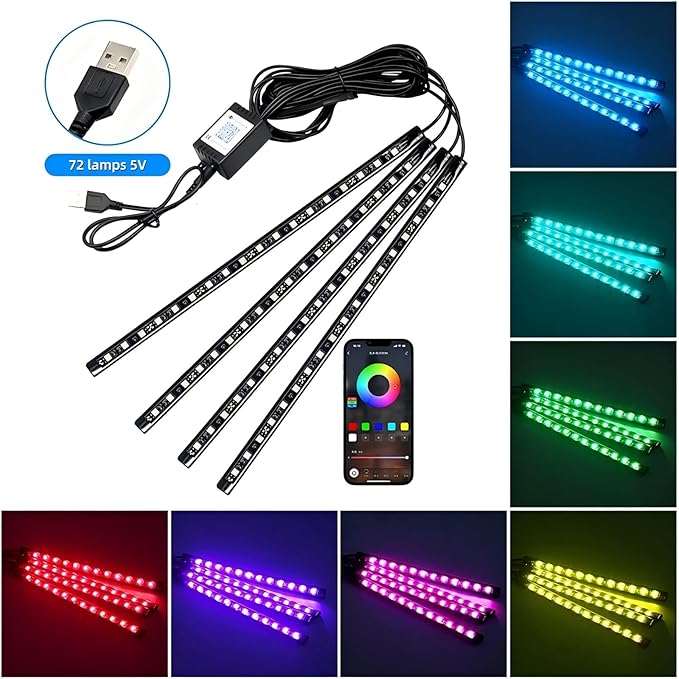 USB Adapter Light Strip, Car Neon Decorative Light, Car Ambient Lighting Kit, 8 Color Strip App, Interior Light, Music Sync Mode,for Cars, Pickups and SUVs, 4 Light Strips, 5V