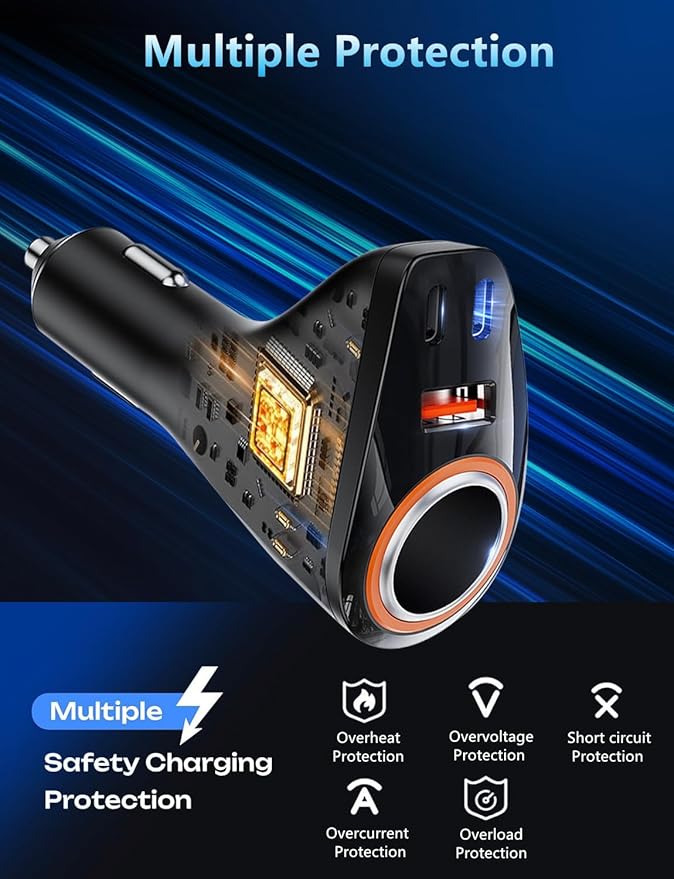 4 in 1 USB C Car Charger, 170W Multi USB Cigarette Lighter Adapter, Socket Splitter with 3 Ports, 12V/24V Dual USB Type C PD Fast Car Charger Adapter for iPhone 17/Air/16/15 Pro Max iPad GPS
