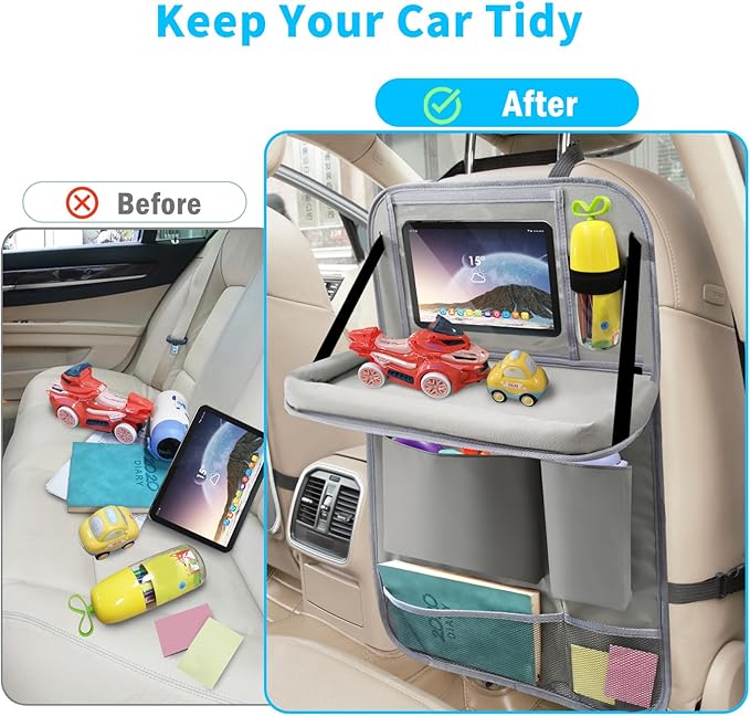 Car Backseat Organizer with Tablet Holder, 6 Storage Pockets Foldable Table Food Tray Seat Back Protectors Kick Mats Travel Accessories, 2 Pack Grey