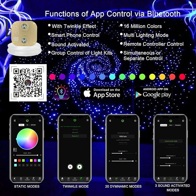 AKEPO Fiber Optic Light Kit 20W RGBW Twinkle+APP+Sound Activated Dual-Head Fiber Optic Star Ceiling Light Total 620pcs of 9.8ft/3m Mixed Fiber Optic Strands for Car Headliner Star/Media Room