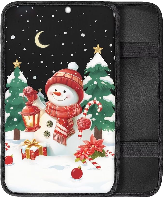 Snow Snowman Xmas Vehicle Armrest Covers Car Center Console Cushion Pad Middle Storage Organizer Pad Universal Style Car Interior Thanksgiving Decor