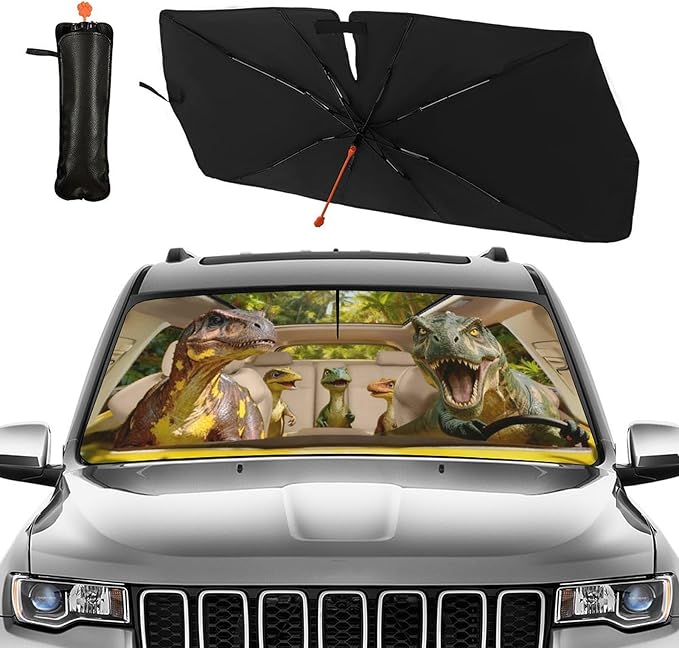 CHILL·TEK Funny Animal Car Windshield Sun Shade Umbrella, Dinosaur Driving Car Sun Shade Umbrella, Block UV Rays Heat Foldable Windshield Umbrella Sun Visor Protector - Keep Vehicle Cool for Cars SUV