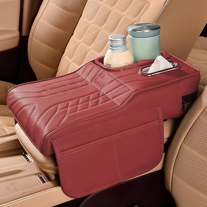 Car Center Console Armrest Pillow, 13.4"×7.5"×2" Leather Auto Arm Rest Cover with Pocket & Tissue Box & Cup Holder, Multifunctional Vehicle Armrest Cushion Pad, Car Accessories (Red)