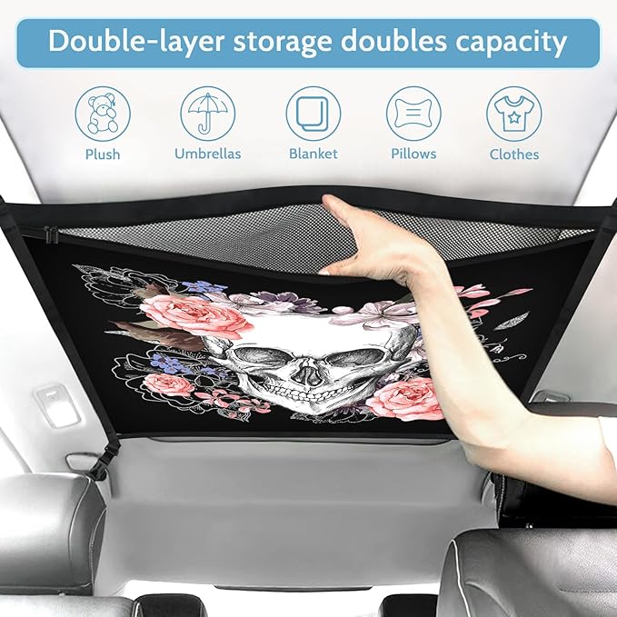 Skull Car Ceiling Cargo Net Pocket Hanging Storage Bag with Zipper 31.5"x21.6" Double-Layer Mesh Car Roof Storage Organizer Long Road Trip Truck SUV Travel Camping