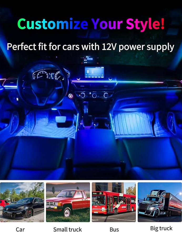 Interior Car Strip Lights Dreamcolor Acrylic Car Decorative Lights with APP Control Multicolor Internal Lighting Kit Music&DIY Function Ambient Fiber Optic Strip LEDs (Multicolor 10 in 1)