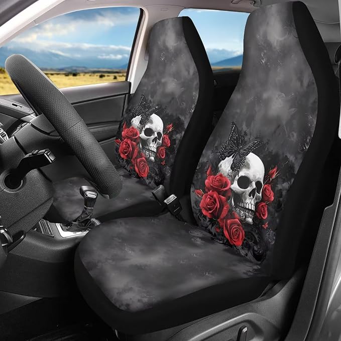 Cool Skull Rose Car Seat Covers for Front Seats Ethnic Style Bucket Seat Covers Universal Fit for SUV Truck Sedan Front Seat Protector,2 Piece Set
