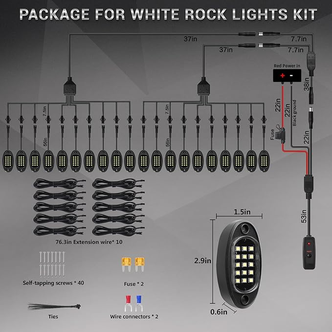 20 Pods Pure White LED Rock Lights with Extension Wires, IP67 Waterproof 6500K Super Bright White Underglow Kit for Semi Truck Sedans Trailer Offroad Pickup RV Vans Bus Under Car Lighting