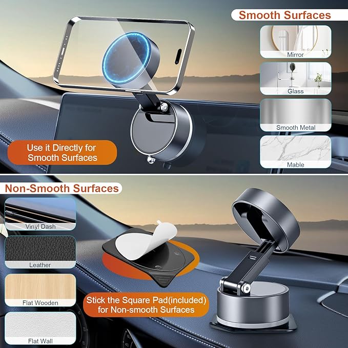 OOCC Vacuum Magnetic Phone Holders for Your Car, 360°Rotating Adjustable Magsafe Car Phone Mount, Foldable Magnetic Car Phone Holder for All Smartphones & All Car Models, Silver Grey