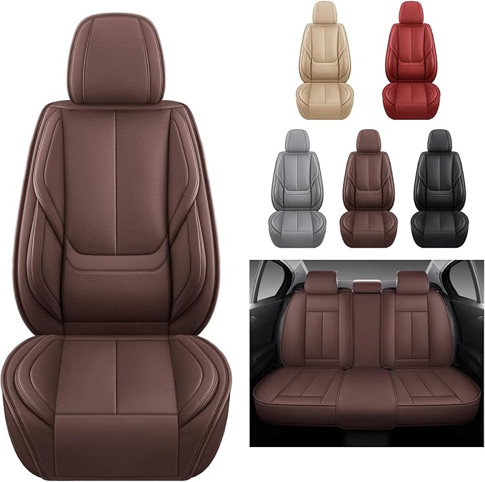 Car Seat Covers Full Set, Car Seat Cover Lumbar Support, Car Seat Protector Waterproof, Nappa Leather Car Seat Cushion, Front Seats and Back Fit for Most Cars Brown