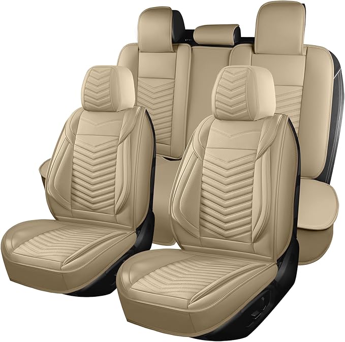 Nappa Leather Car Seat Covers Full Set, Beige Car seat Protector 5 Seats, Waterproof Car Seat Cushion, Universal Automotive Seat Covers Fit for SUV Truck Pick-up Sedan, Front and Rear