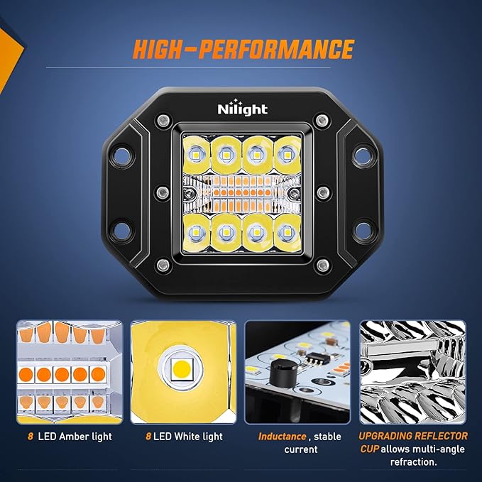 Nilight 2PCS 42W Light Pods Flush Mount Spot Flood Amber White Strobe 6 Modes Memory Function for Fog&Snow Off-Road Truck Car ATV JEEP Cabin Boat with 16AWG Wiring Harness Kit-2 Leads