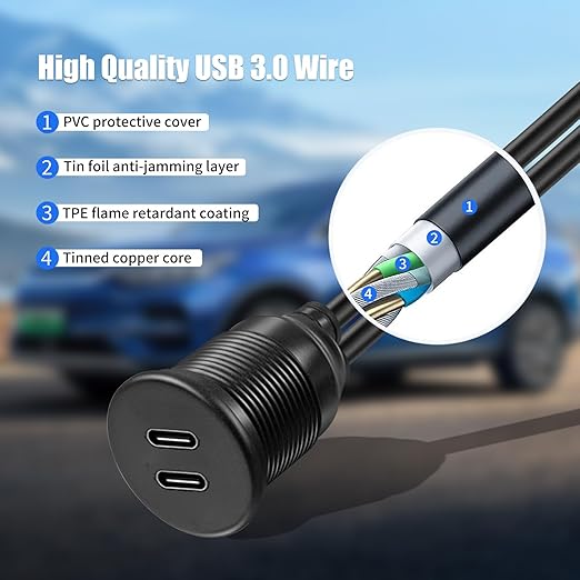 Dual Port USB C 3.0 Male to USB C 3.0 Female Extension Cable,Flush Mount Waterproof Panel Cable for Car,Truck,Boat,Motorcycle Dashboard 3.3ft