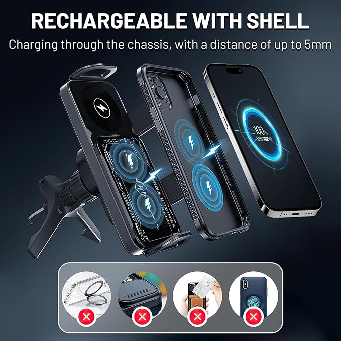 High Intelligent 2 in 1 Auto Rotating Car Charger Cell Phone/Pad Holder, One-Touch Rotatable Car Vent Mount for Smartphone/Pad/Foldable Phone (Black)
