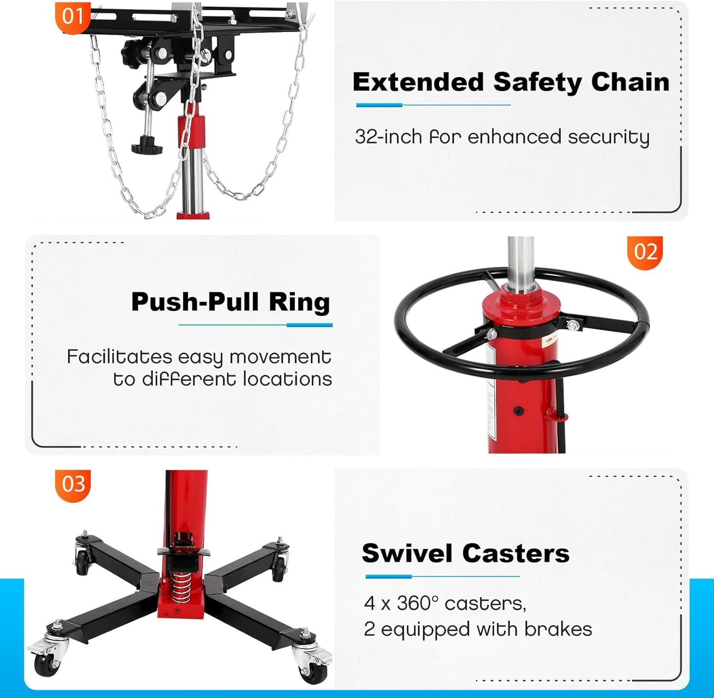 Transmission Jack, 1100LBS (1/2 Ton), Hydraulic Telescoping Transmission Jack, 32"-67" Transmission Jack Stand with Foot Pedal & 360° Swivel Wheels for Garage and Car Lifting,