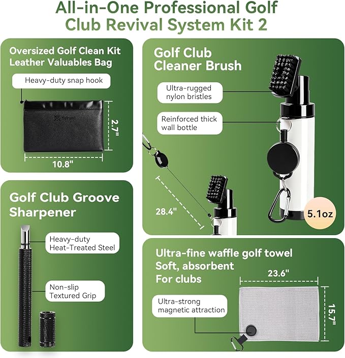 Pro Golf Club Care Kit – Cleaner, Polish, Brush, Groove Sharpener, Grip Cleaner, Magnetic Towel & Leather Bag – Restores Clubs, Removes Rust & Scratches, Renews Tackiness – Golf Gifts for Golfers