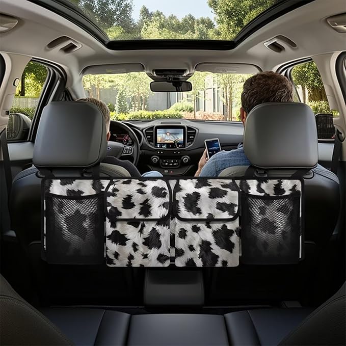 Cow Pattern Print Car Trunk Organizer, Hanging Car Back Seat Storage Bag with 4 Pockets Universal Detachable Car Interior Accessories for Sedans SUVs Truck