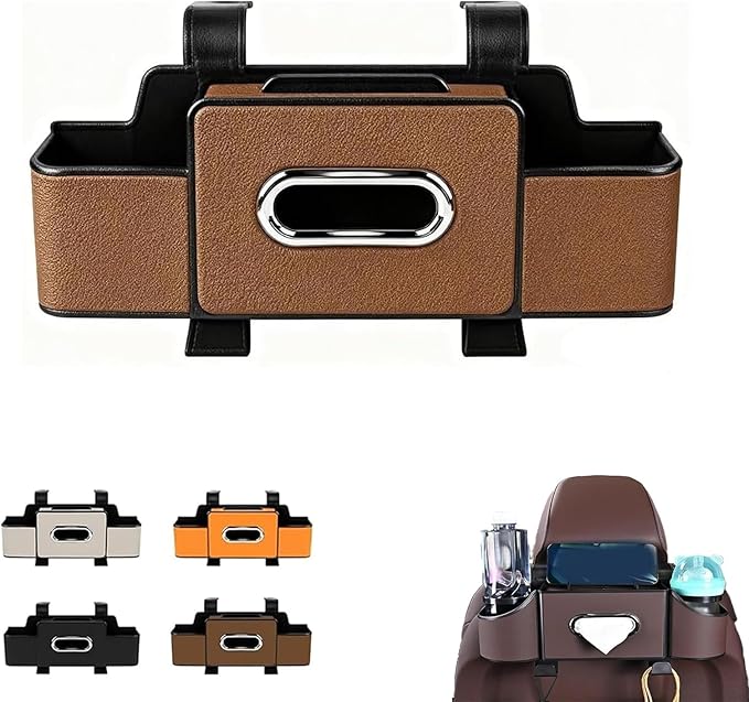 Car Organizers and Storage Box Behind Seat, Car Organizer Back of Seat, 4 in 1 Multifunctional Cars Organizer, For Snacks, Drinks, Bag Hook, Keep Tidy & Organized (Brown)