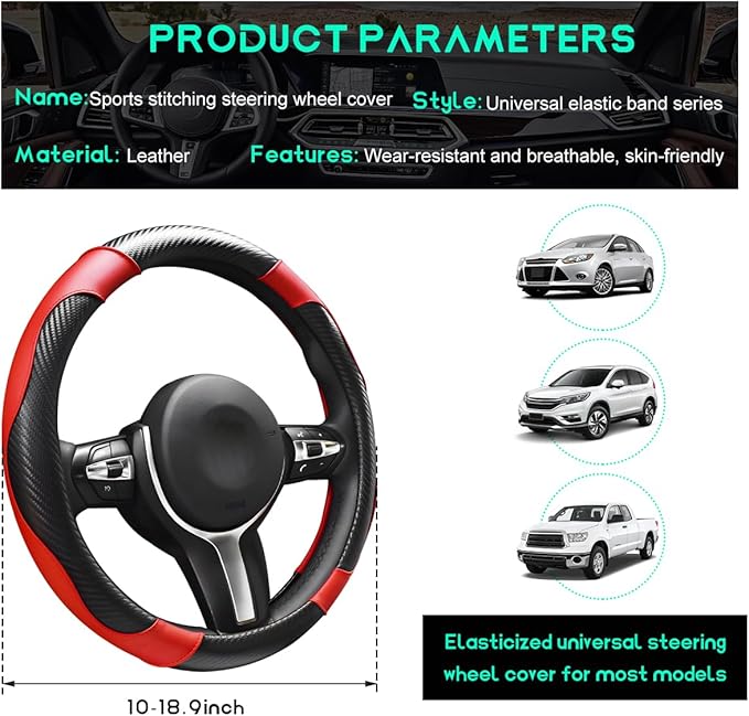 Car Steering Wheel Cover, 15 inch Carbon Fiber Microfiber Leather Elastic Steering Wheel Protector, Breathable Anti-Slip Comfortable Steering Wheel Covers for Most Cars (Black&Red)