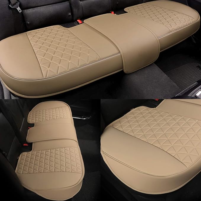 Black Panther Luxury PU Leather Rear Bench Car Seat Cover Adjustable Length (49-55'') Fits 90% Standard 5 Seats (Sedan SUV), for Seat Bottom Only, Triangle Quilting Design, Beige