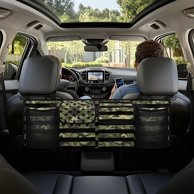Car Trunk Organizer, American Flag Camo Large Capacity Backseat Trunk Organizer with Adjustable Straps, Backseat Hanging Car Storage Organizer Foldable Cargo Storage