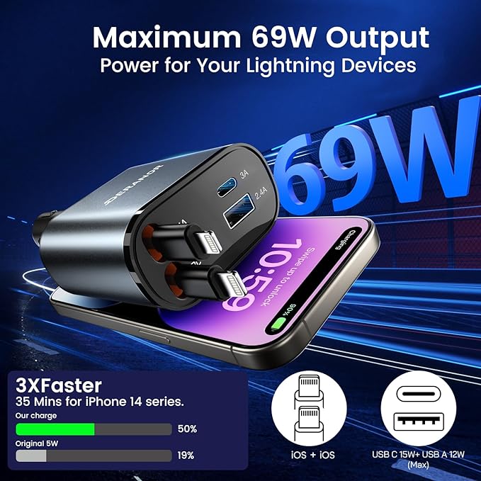 [2 Pack] Retractable Car Charger 4 in 1 Fast Car Phone Charger 69W, USB C Car Truck Accessories Adapter with 2X Retractable Phone Charger Cords and USB Port for i Phone 16/15/14/13,for Samsung S25/S24