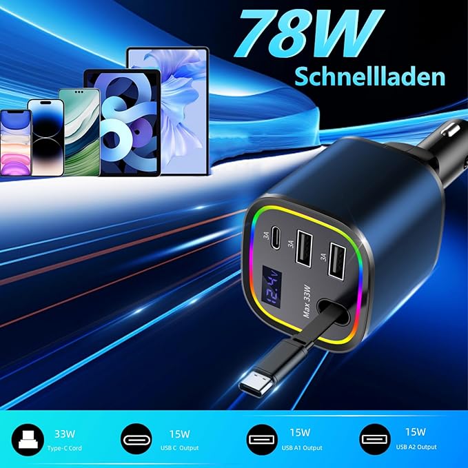 Car Charger USB C Fast Charge, AGEMANY 78W Cigarette Lighter Adapter with C Cable RGB Light & Voltage Display, 4in1 Retractable Car Phone Charger for iPhone 16 15 Android, Car Accessories Gift (Blue)