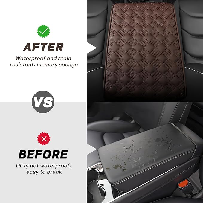 Car Armrest Cushion, 12.2"×8.3" Leather Auto Memory Foam Center Console Pad with Storage Pocket, Waterproof & Anti-Scratch Elbow Pillow Armrest Seat Box Protector, Universal Fit (Coffee)