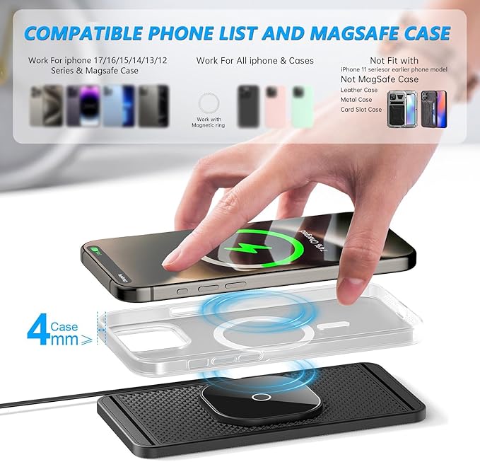 Magnetic Wireless Charger for Toyota Tacoma 2024 2025 2026 for Toyota 4Runner 2025 2026 15W Fast Wireless Car Phone Charger Pad Non-Slip Phone Holders for iPhone 17/16/15/14/13/12