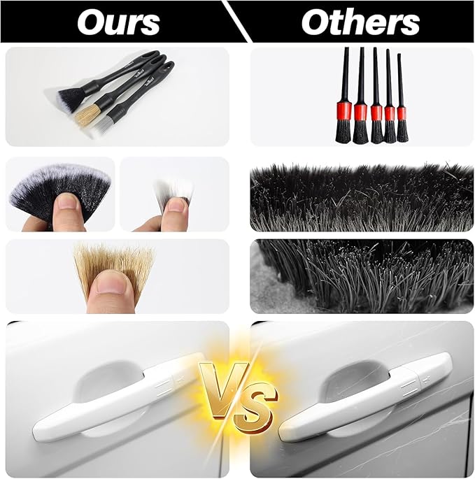3PCS Car Detailing Brush Set - Interior or Exterior Car Cleaning Brush, [Durable Bristles] Ultra Soft Boars Hair Car Detailing Brushes, Auto Detail Brushes for Air Vent, Leather Seat, Wheels, Emblems