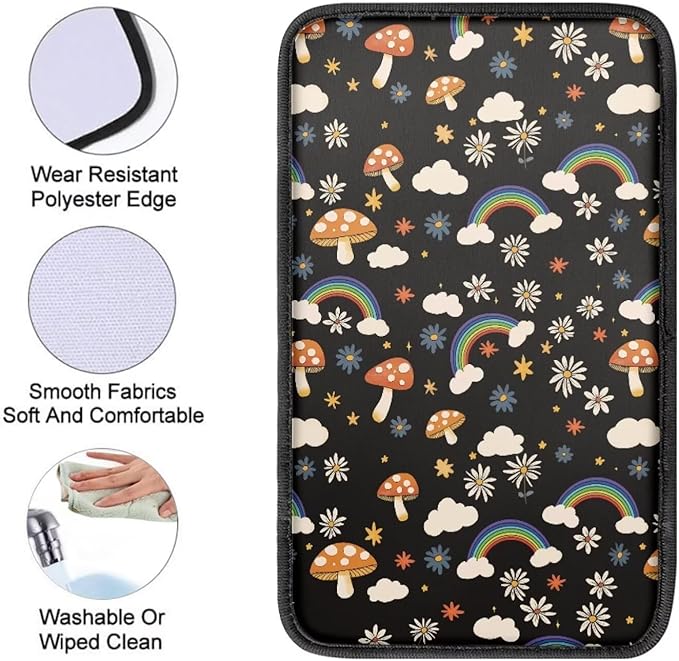 UNICEU Mushroom Rainbow Print Car Center Console Armrest Cushion Pad Auto Interior Decor Accessories Neoprene Armrest Box Protector Cover