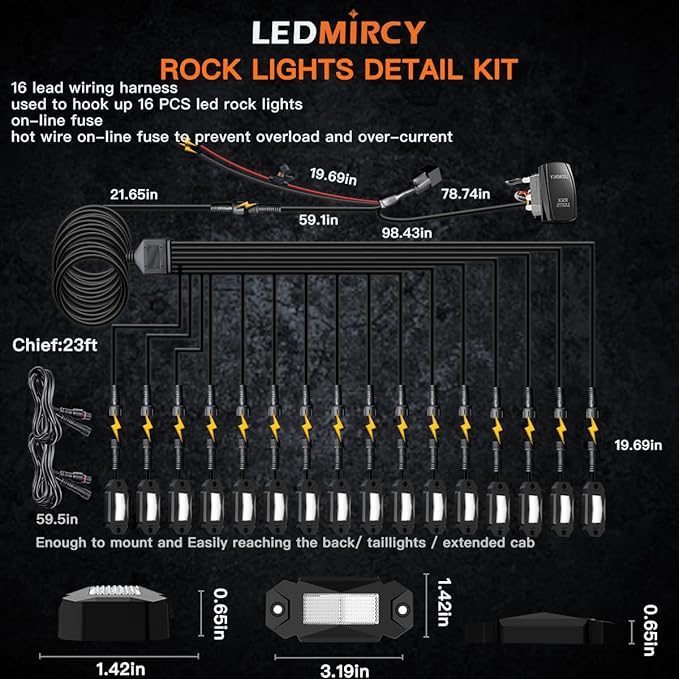 LEDMIRCY R2 Pure White Rock Lights Kit with Rocker Switch Wire Harness 16PCS Rock Lights White for Offroad Trucks ATV UTV SUV Underglow Light Trail Rig Light Under Body High Power Waterproof