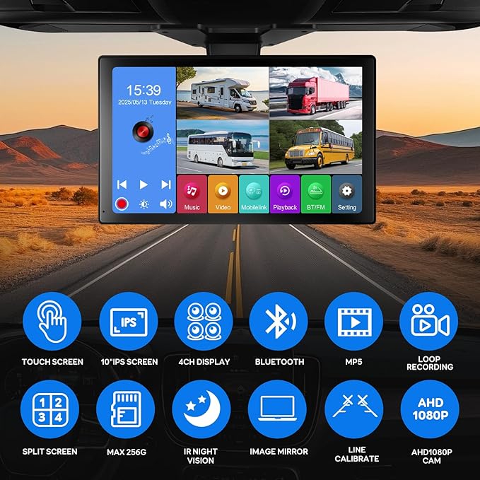 4 Channel RV Backup Camera System with 10.1" Touch Screen Monitor, DVR Recording, 4 x 1080P Waterproof Cameras, Quad Split, Bluetooth, for RV Truck Trailer Bus