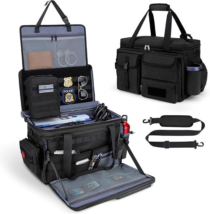 Patrol Bag Law Enforcement Police Gear Bag, Car Front Seat Organizer Tactical Officer Duty Bags, Police Car Accessories for Passenger Seat, Multiple Compartment Molle Webbing Removable Shoulder Strap