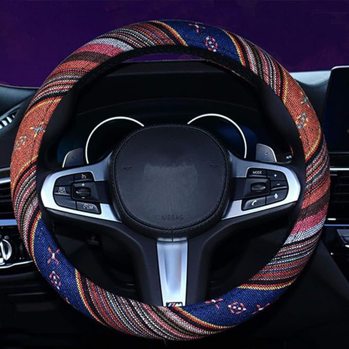 SHIAWASENA SHIAWASENA Car Steering Wheel Cover, Coarse Flax Cloth, Ethnic Style, Universal 15 Inch Fit, Anti-Slip Sweat-Absorbent (1#)