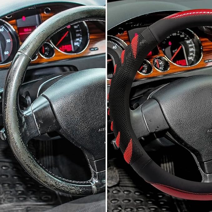 Sport Style Black Leather Steering Wheel Cover with Red Ripple-Style Grip Steering Wheel Accessory,Universal Fit 14.5-15.25 inch Steering Wheel