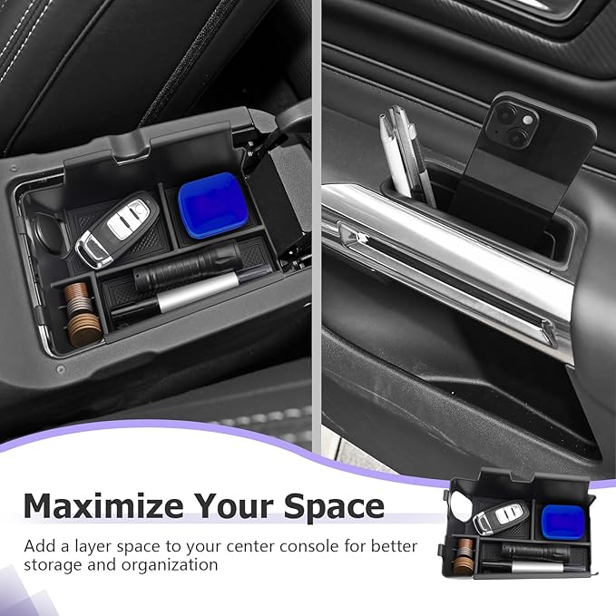 LUWU 3PCS 2025 2026 Mustang Center Console Organizer Compatible with Ford Mustang 2024 2025 2026 Accessories Armrest Console Storage Box Insert Tray Door Side Tray ABS Material Coin Container Black