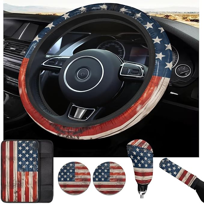 American Flag 6pcs Car Decor Set for Women Men Car Steering Wheel Cover Retro Style Armest Cushion Auto Interior Decor Cup Holder for SUV Truck Sedan