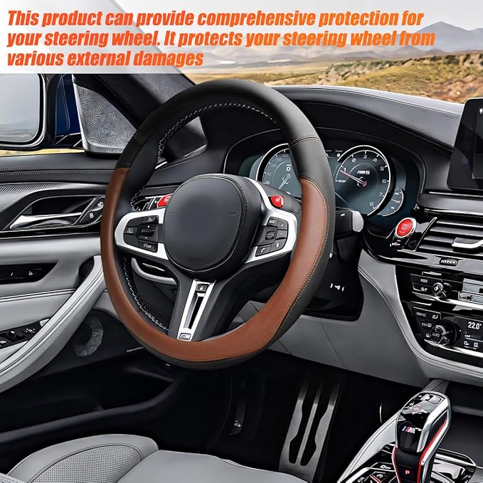 Car Steering Wheel Cover, 15 Inch Leather Anti-Slip Breathable Vehicle Steering Wheel Protecter with Comfortable Feel, Automotive Interior Accessories, Universal for SUV Sedan Truck (Brown)