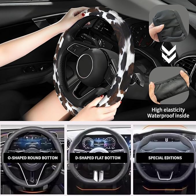 Elastic Car Steering Wheel Cover, Universal 19 inch Non-Slip Breathable Neoprene Steering Wheel Protector, Car Accessories for Women Men Fit Auto, Suvs, Truck Trendy Cow Spots