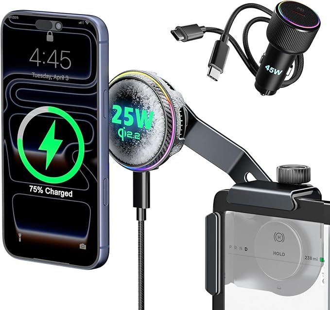 CloudValley 25W Wireless Charger Phone Mount for Tesla Model Y/3 with RGB Lighting, Magnetic Extendable Metal Car Holder with Cooling Fan & 45W Adapter, Design for iPhone MagSafe 17/16 Pro Max