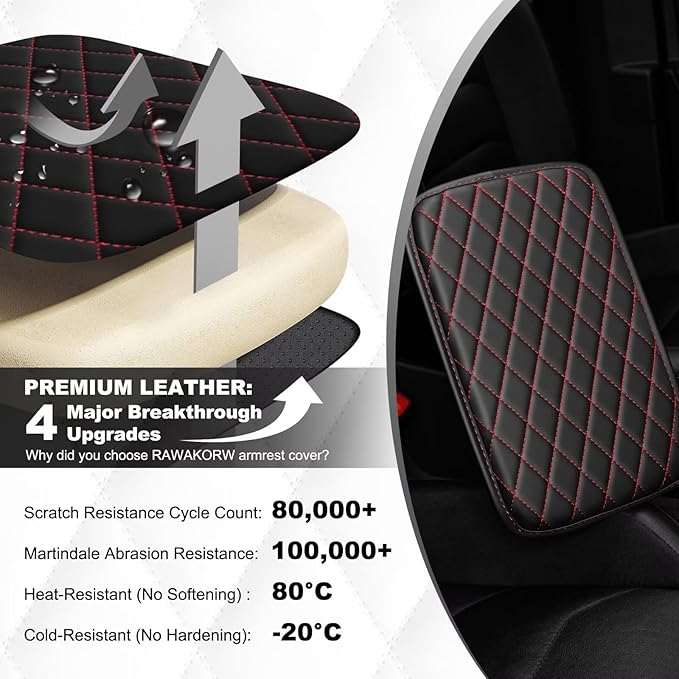 Upgraded Car Center Console Cover Fit for Tacoma Faux Leather Car Armrest Cover Cushion with 2 Storage Bags,Car Armrest Storage Box Interior Accessories(Black&Redline)