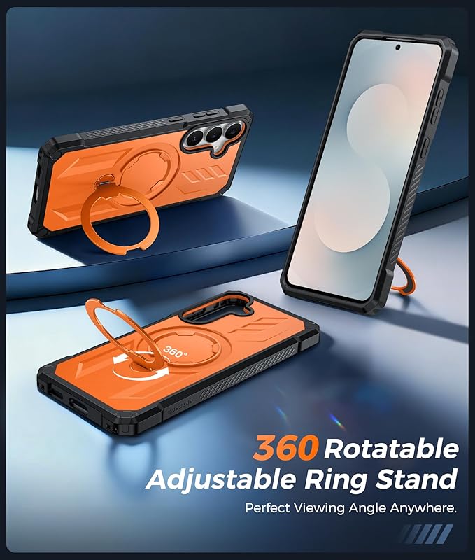 FNTCASE for Samsung Galaxy S25-FE Case: with [Magnetic Ring Kickstand] [Screen Protector] [Compatible with MagSafe] [Military-Grade Drop Protection] Heavy Duty Full Body Protective Phone Cover Orange
