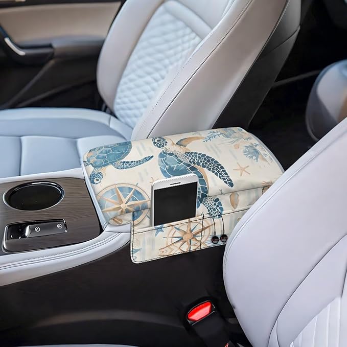 Car Armrest Cover with Pockets, Auto Center Console Pad, Turtle Print Arm Rest Seat Box Protector Car Interior Accessories for Women Men, Fit Most Vehicle,Truck,SUV