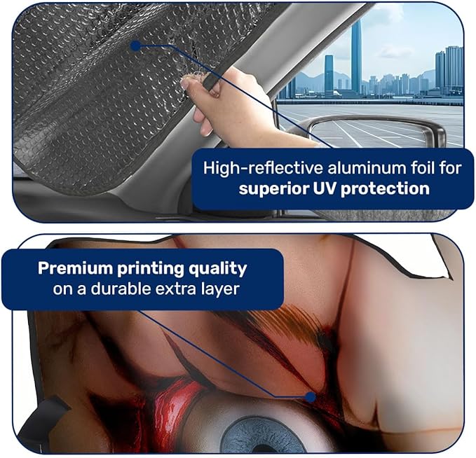 GENANY Killer Doll Windshield Sun Shade for Car SUV Truck (55x30 Inches), Horror Sun Shade Windshield, Shades for Front Windows, Protector Blocks UV, Car Decor