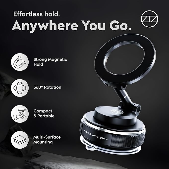 Heavy Duty Magnetic Phone Holder Vacuum Suction Mount Foldable, 360° Adjustable, Car/Office/Gym - Dashboard, Windshield, Window, Mirror, Universal Mount - Magsafe Compatible, iPhone, Samsung, Pixel